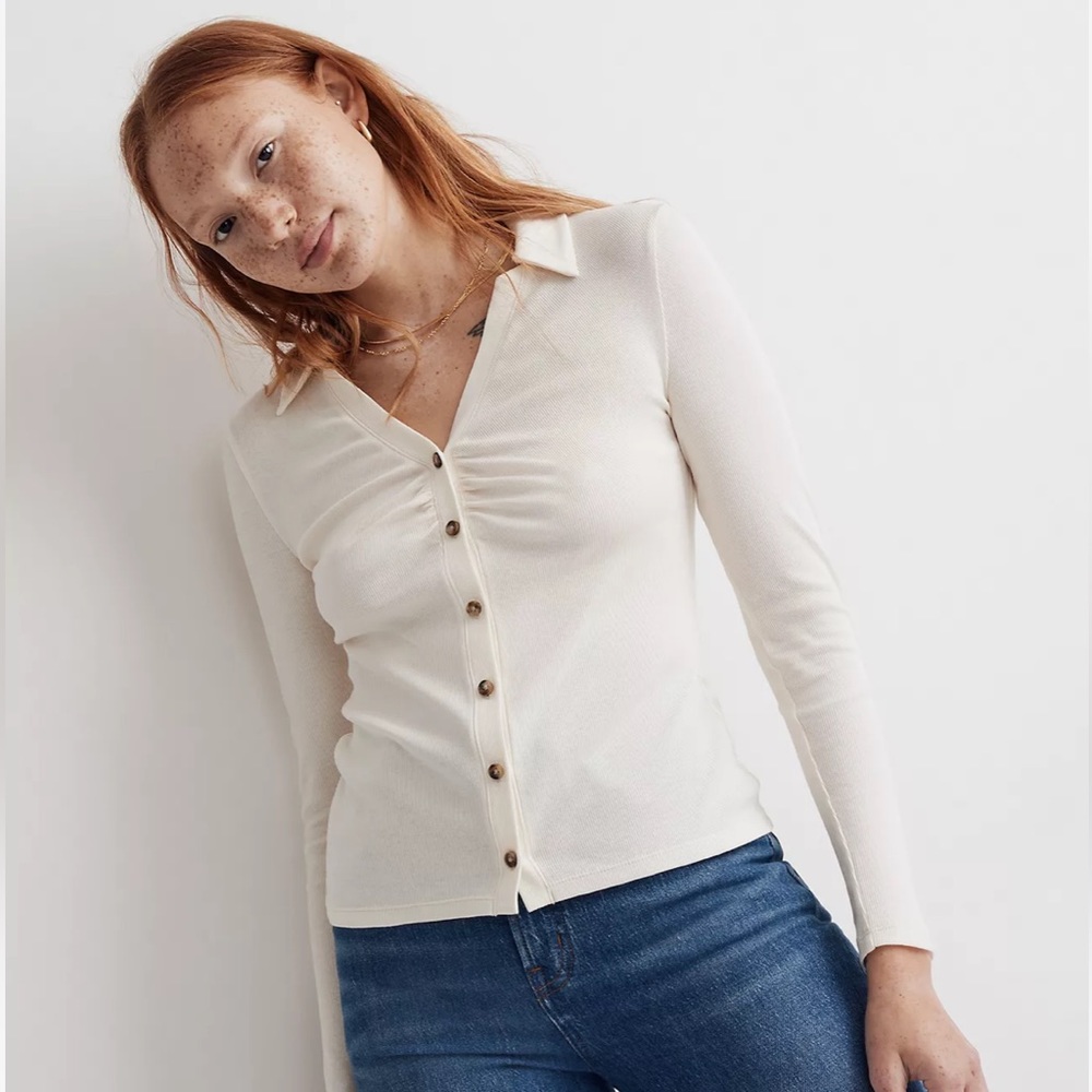 Ruched Polo Cardigan in White Cream